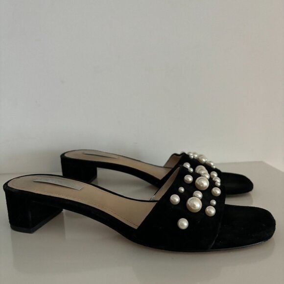 Black Suede Mule Heels with Pearls - Picture 2 of 4